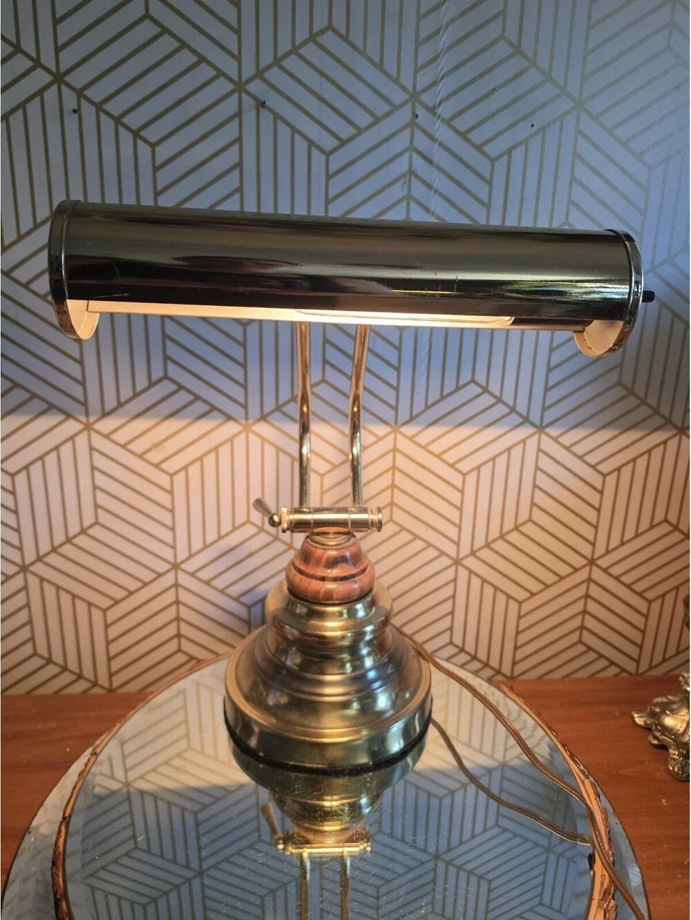 Vintage Underwriters Laboratories Brass Wood Piano Desk Bankers Adjustable Lamp